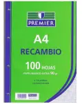 RECAMBIO CUADROS 4 MM DIN A4 CON 100H Y 4 TALADROS, 90 GRS