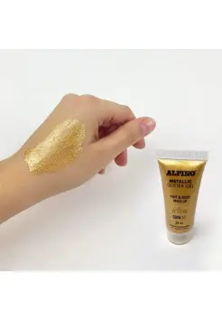 MAQUILLAJE GLITTER GEL DORADO PURPURINA, GLOW UP. PARA CARA Y CUERPO. FA