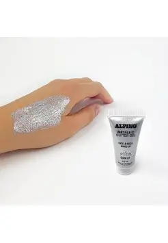 MAQUILLAJE GLITTER GEL PLATA, GLOW UP. PARA CARA Y CUERPO