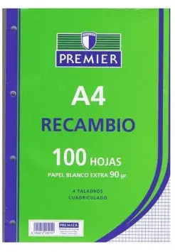 RECAMBIO CUADROS 4 MM DIN A4 CON 100H Y 4 TALADROS, 90 GRS