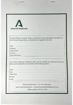 NUEVO LIBRO HOJA DE RECLAMACIONES JUNTA ANDALUCA, ACTUALIZADO 2022