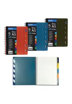 CUADERNO ESPIRAL CUADROS 4X4 MM DIN A5 TAPA POLIPROPILENO CON 5 SEPARADORES Y 120 HOJAS