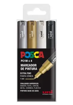 ROTULADOR POSCA PUNTA PC1M FINA CNICA P/4 UNIDADES (PLATA. ORO, BLANCO Y NEGRO)