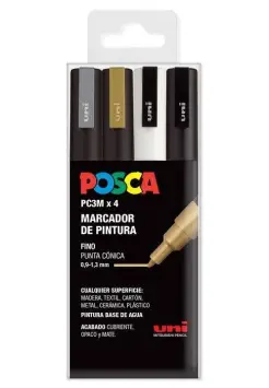 ROTULADOR POSCA PUNTA PC3M FINA CNICA P/4 UNIDADES (PLATA. ORO, BLANCO Y NEGRO)